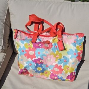 Coach Multicolor Floral Canvas Tote with Coral Trim